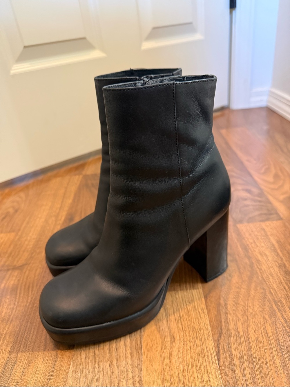 Jeffrey Campbell Black Leather Platform Block Heel Ankle Boots